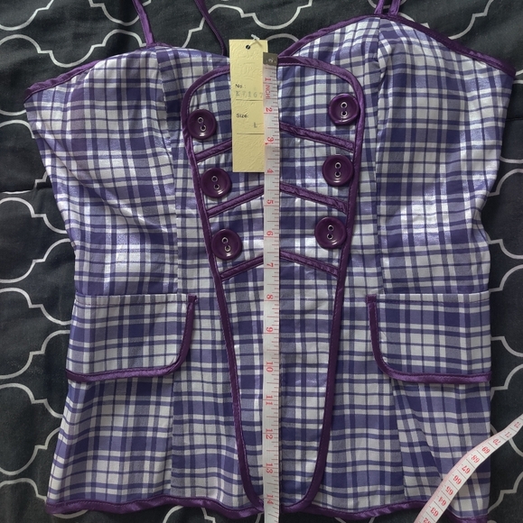 🆕 Katia purple checkered plaid academia cotton blend spaghetti strap top_M,L - Picture 11 of 15